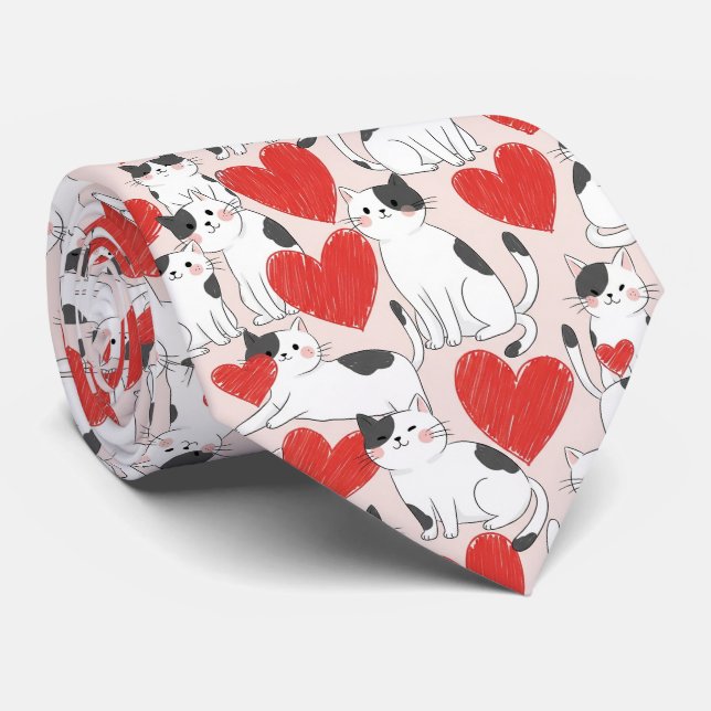 Sweet Pink Kawaii Cats & Hearts Pattern (7) Tie (Rolled)
