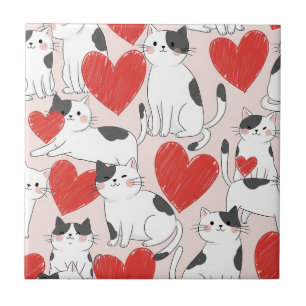 Sweet Pink Kawaii Cats & Hearts Pattern (7) Tile