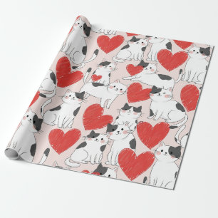 Sweet Pink Kawaii Cats & Hearts Pattern (7) Wrapping Paper