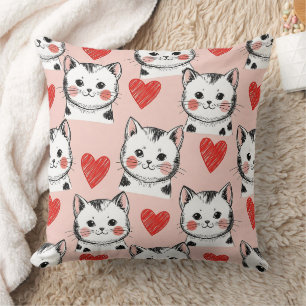 Sweet Pink Kawaii Cats & Hearts Pattern (8) Cushion