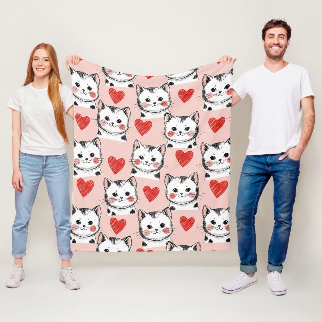 Sweet Pink Kawaii Cats & Hearts Pattern (8) Fleece Blanket (In Situ)