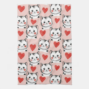 Sweet Pink Kawaii Cats & Hearts Pattern (8) Tea Towel