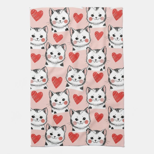 Sweet Pink Kawaii Cats & Hearts Pattern (8) Tea Towel (Vertical)