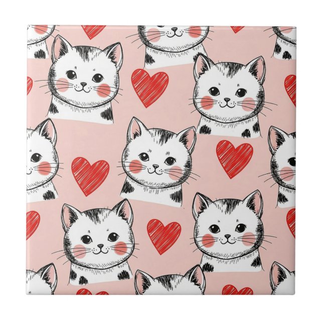 Sweet Pink Kawaii Cats & Hearts Pattern (8) Tile (Front)