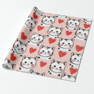 Sweet Pink Kawaii Cats & Hearts Pattern (8) Wrapping Paper