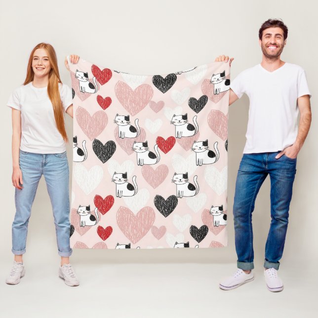 Sweet Pink Kawaii Cats & Hearts Pattern (9) Fleece Blanket (In Situ)