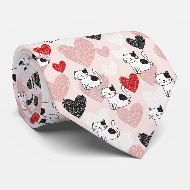 Sweet Pink Kawaii Cats & Hearts Pattern (9) Tie (Rolled)