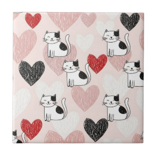 Sweet Pink Kawaii Cats & Hearts Pattern (9) Tile