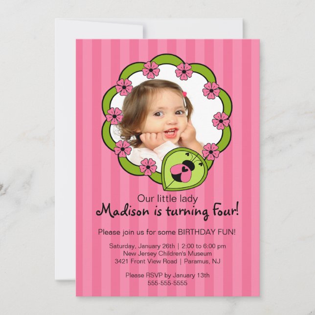 Sweet Pink Ladybug Photo Birthday Invitation (Front)