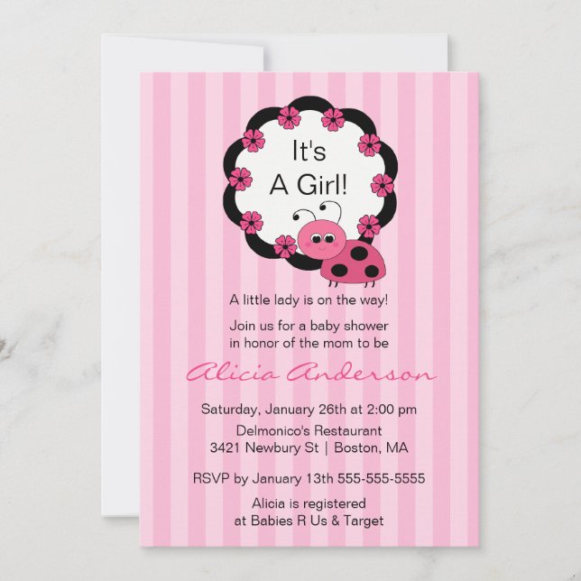 Sweet PINK Ladybugs Baby Shower Invitation (Front)
