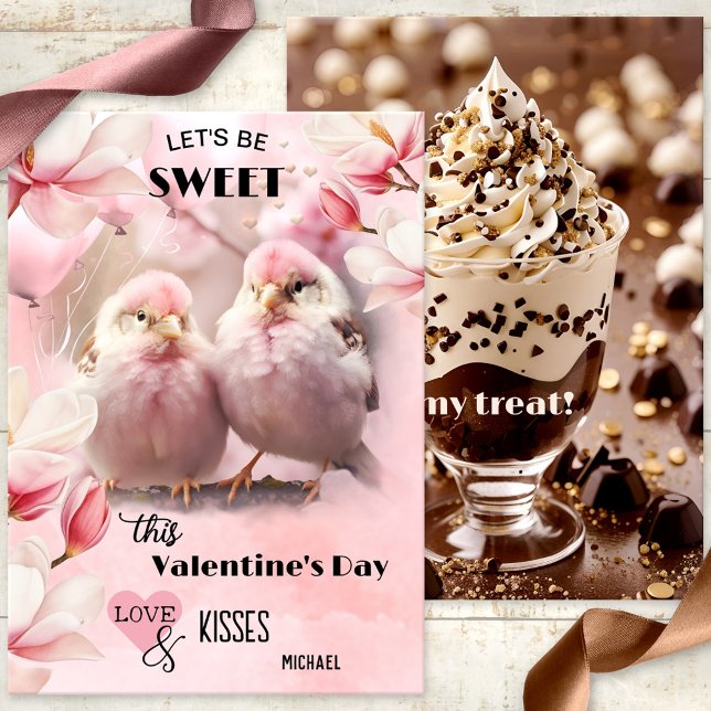 Sweet Pink Love Birds Chocolate Valentine's Day Holiday Card (A super sweet cute chocolate Valentine's Day card featuring two pink love birds and magnolia flowers)