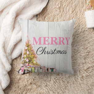 Sweet Pink Merry Christmas Tree & Presents Holiday Cushion