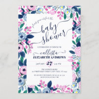 Sweet Pink Navy Flowers Watercolor Baby Shower