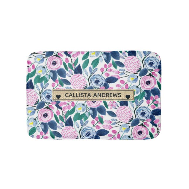 Sweet Pink Navy Flowers Watercolor Gold Monogram Bath Mat (Front)