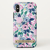 Sweet Pink Navy Flowers Watercolor Gold Monogram
