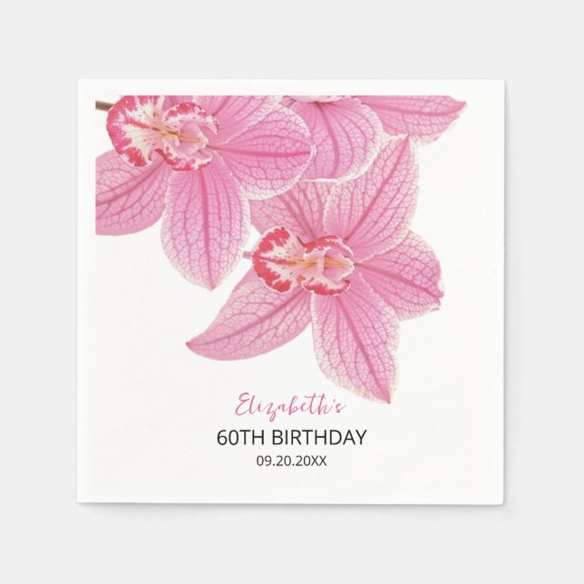 Sweet Pink Orchid Floral Greenery Birthday Napkin (Front)