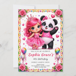 Sweet Pink Panda & Princess Birthday Invitation