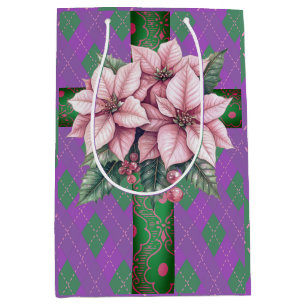 Sweet Pink Pointsettias Purple Plaid Christmas Medium Gift Bag