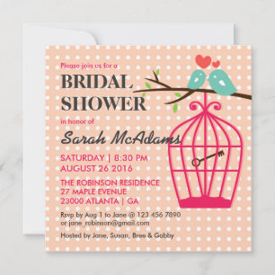 Sweet Pink Polka Dots Birdcage Lovebird Invitation