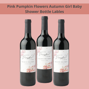 Sweet Pink Pumpkin Flowers Leafs  Baby Girl Shower Wine Label