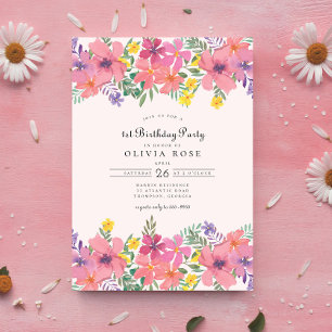 Sweet Pink Purple Floral 1st Birthday Party Invitation