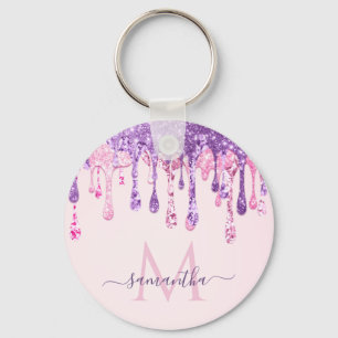 Sweet Pink Purple Glitter Dripping Girly Monogram  Key Ring