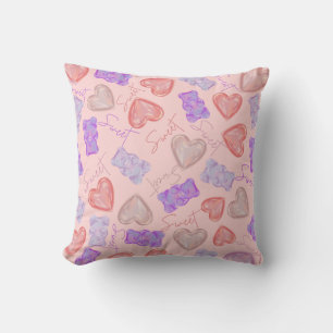 Sweet Pink Purple Teddy Bear & Heart Pattern Cushion