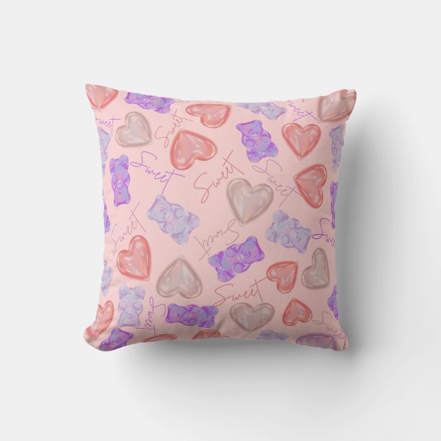 Sweet Pink Purple Teddy Bear & Heart Pattern Cushion (Front)