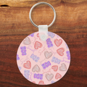 Sweet Pink Purple Teddy Bear & Heart Pattern Key Ring