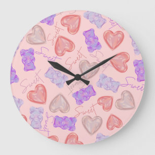 Sweet Pink Purple Teddy Bear & Heart Pattern Large Clock