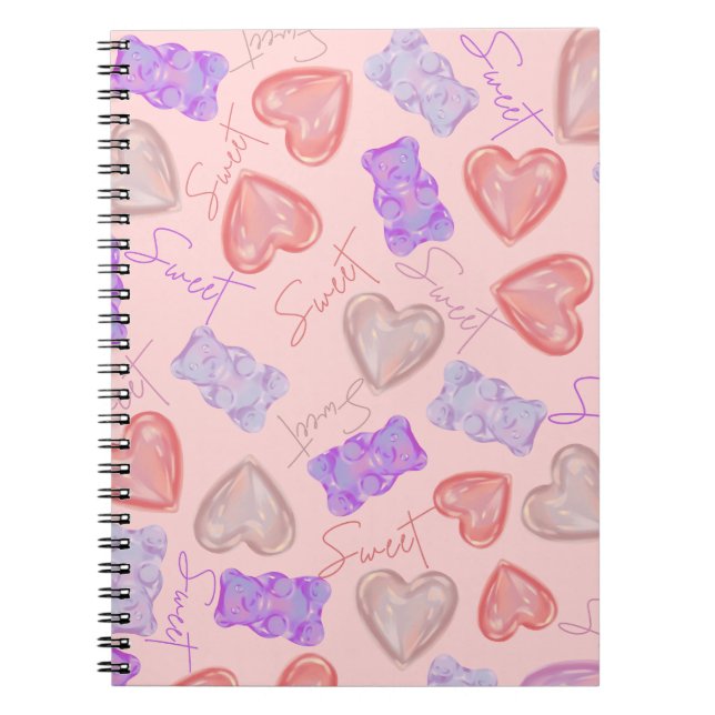 Sweet Pink Purple Teddy Bear & Heart Pattern Notebook (Front)