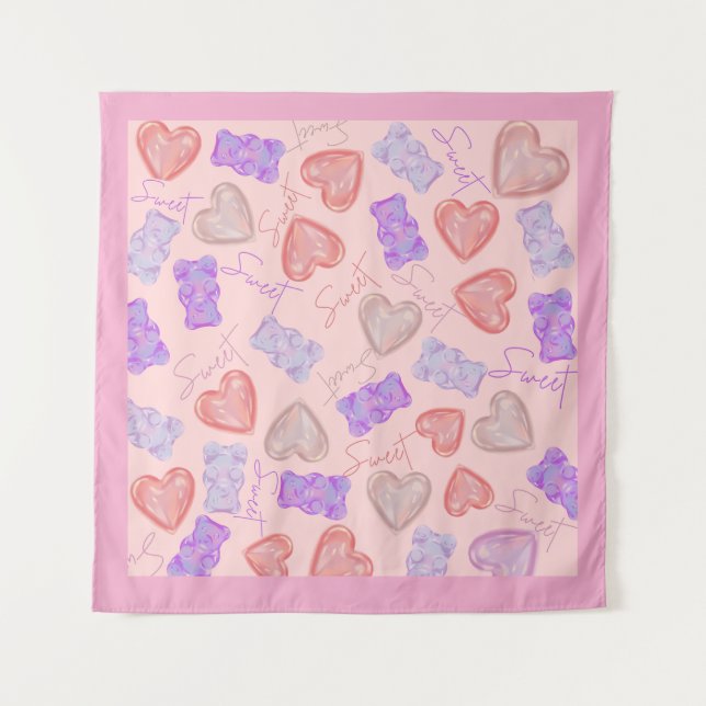 Sweet Pink Purple Teddy Bear & Heart Pattern Tapestry (Front)