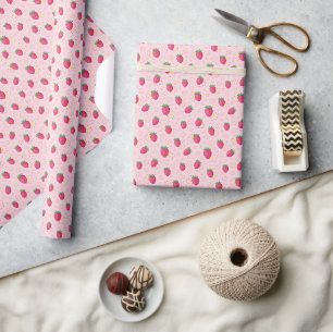 Sweet pink red strawberries, yellow daisies. wrapping paper