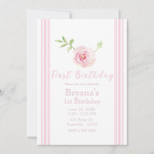 Sweet Pink Rose Floral Girls First 1st Birthday Invitation