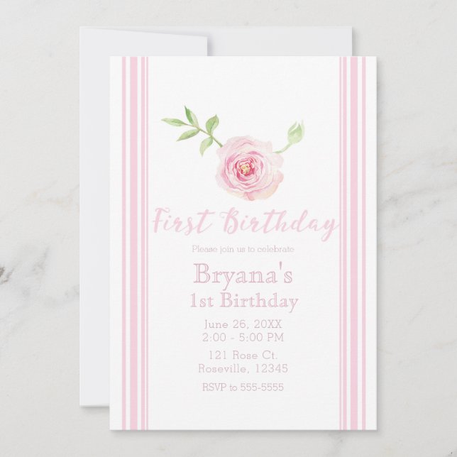 Sweet Pink Rose Floral Girls First 1st Birthday Invitation (Front)