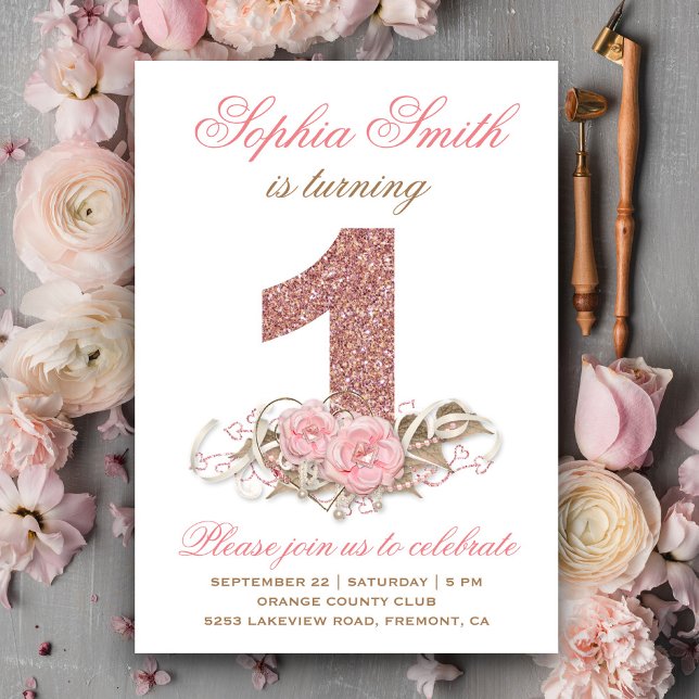Sweet Pink Rose Gold Glitter First Birthday Invite (Creator Uploaded)