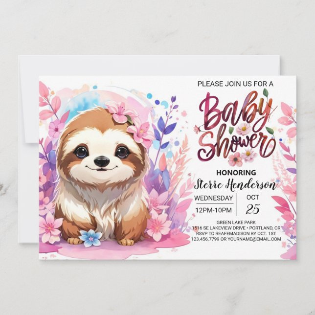 Sweet Pink Sloth Baby Shower Invitation (Front)