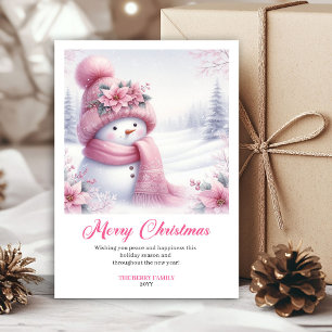 Sweet pink snowman Christmas kids card editable