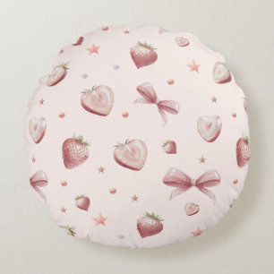 Sweet Pink Strawberry Love Heart And Stars Round Cushion