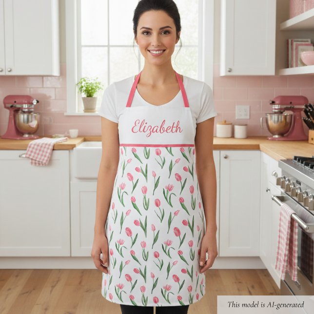 Sweet Pink Tulip Floral  Apron (sweet girly cute coquette pink tulip floral apron with custom name in script calligraphy)