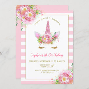 Sweet Pink Unicorn Face Girl's Birthday Party Invitation
