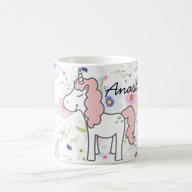 Sweet Pink Unicorn, Flowers and your name Coffee Mug (Center)