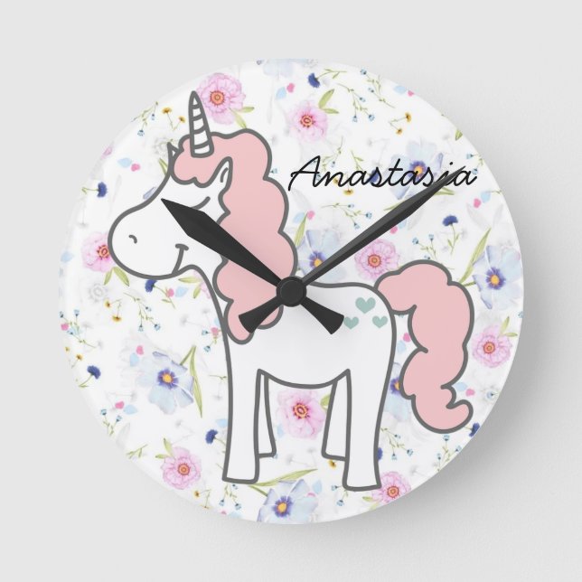 Sweet Pink Unicorn, Flowers and your name Round Clock (Front)