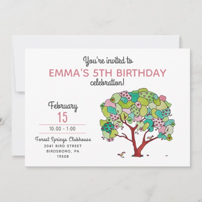 Sweet Pink Valentine Hearts Tree Girl's Birthday I Invitation (Front)