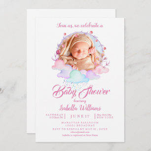 Sweet Pink Watercolor Girl Photo Baby Shower Invitation