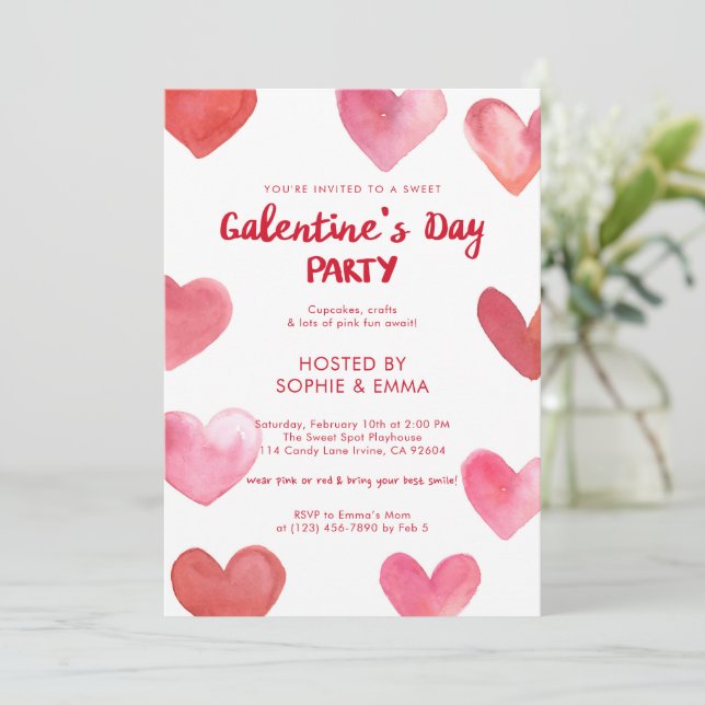 Sweet Pink Watercolor Hearts Galentine’s Day Party Invitation (Standing Front)