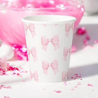 Sweet Pink Watercolor Polka Dot Bow Baby Shower Paper Cups