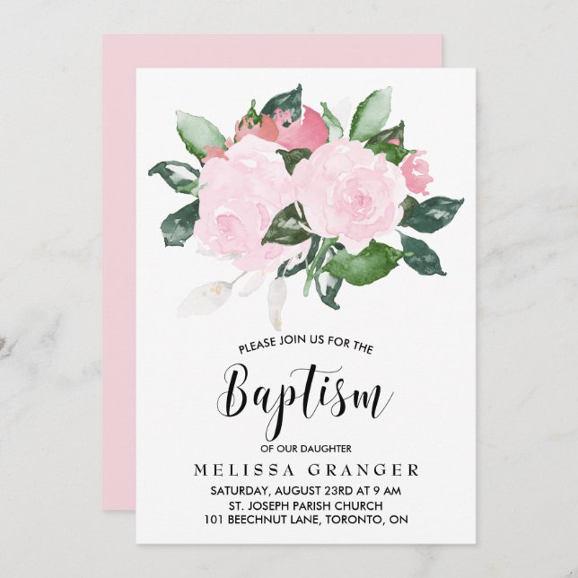 Sweet Pink Watercolor Roses Baptism Invitation (Front/Back)