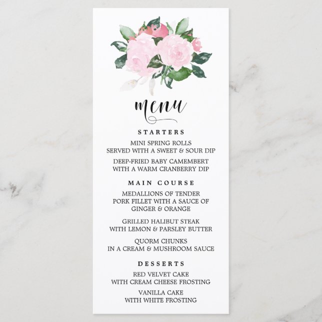 Sweet Pink Watercolor Roses Menu Card (Front)