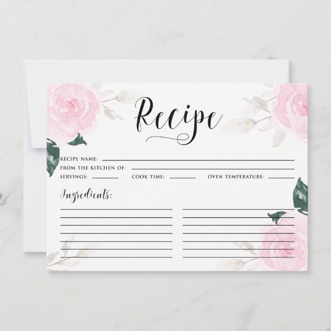 Sweet Pink Watercolor Roses Recipe Card (Front)